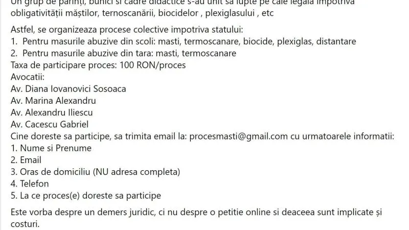 Anunțul pentru procesul colectiv
