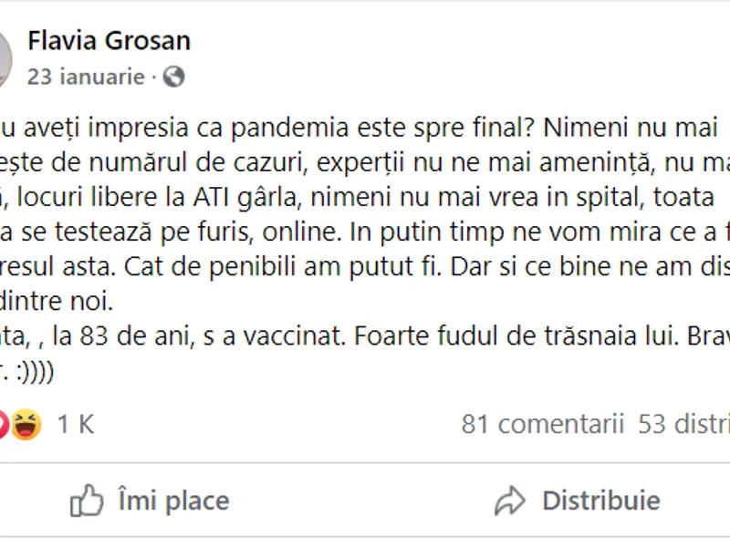 Flavia Groșan nu are scrupule să râdă chiar și de propriul tată care nu a ascultat-o și s-a vaccinat Foto: Facebook/Flavia Grosan