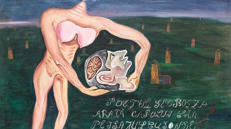 Poetul Geo Bogza arată capului său peisajul cu sonde - Victor Brauner