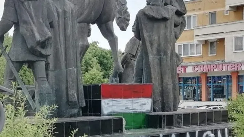 Steag maghiar, desenat pe statuia lui Mihai Viteazul din Sfântu Gheorghe Foto: tansindex.ro