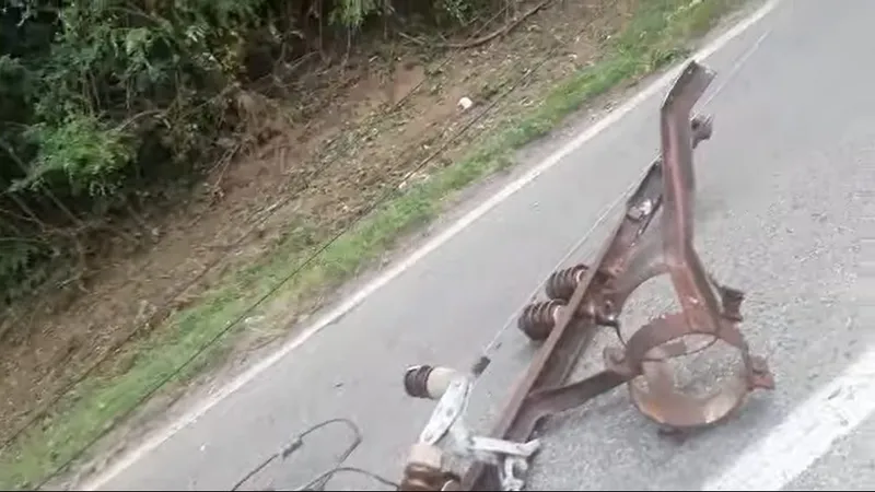 Un tren a „cosit” mai mulți stâlpi la Călimănești. / Foto: captura video