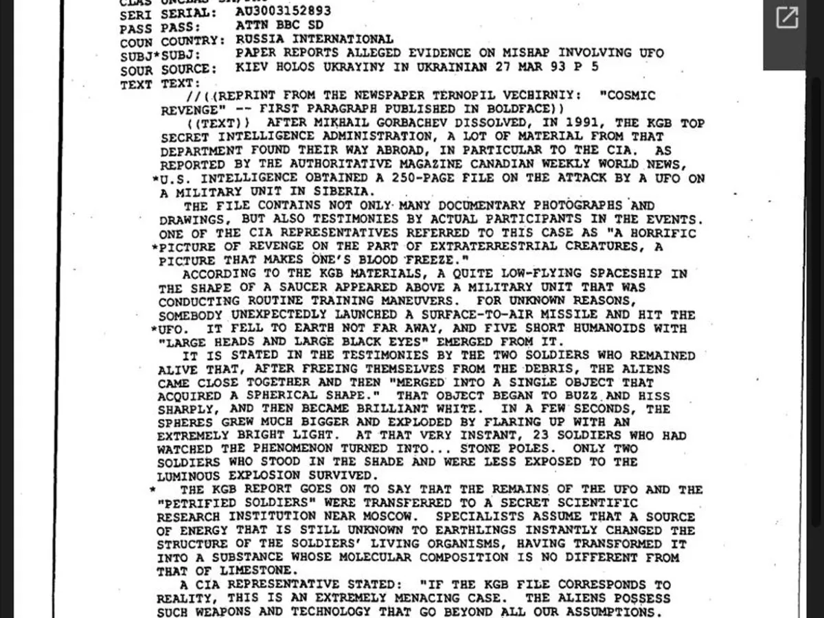 Document CIA despre soldații ruși transformați în stană de piatră- Foto: CIA