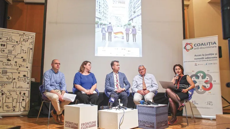 Adrian Coman (centru), alături de tatăl său și de Romanița Iordache, după ce CJUE i-a dat câștig de cauză. În fotografie mai apar activistul Florin Buhuceanu și avocata Iustina Ionescu