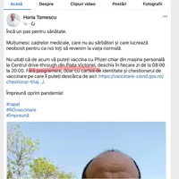 Viceprimarul Tomescu crede că centrul de vaccinare drive-through este la Piața Victoriei/FOTO: Facebook/Horia Tomescu