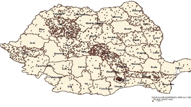 Harta cazurilor de gripă, până în 15 martie. Sursa: CNSCBT