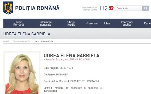 Elena Udrea apare pe site-ul Polției Române