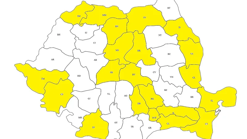 Harta cu județele unde au fost depistate prin secvențiere cazuri de infectare cu Omicron, colorată de Newsweek România