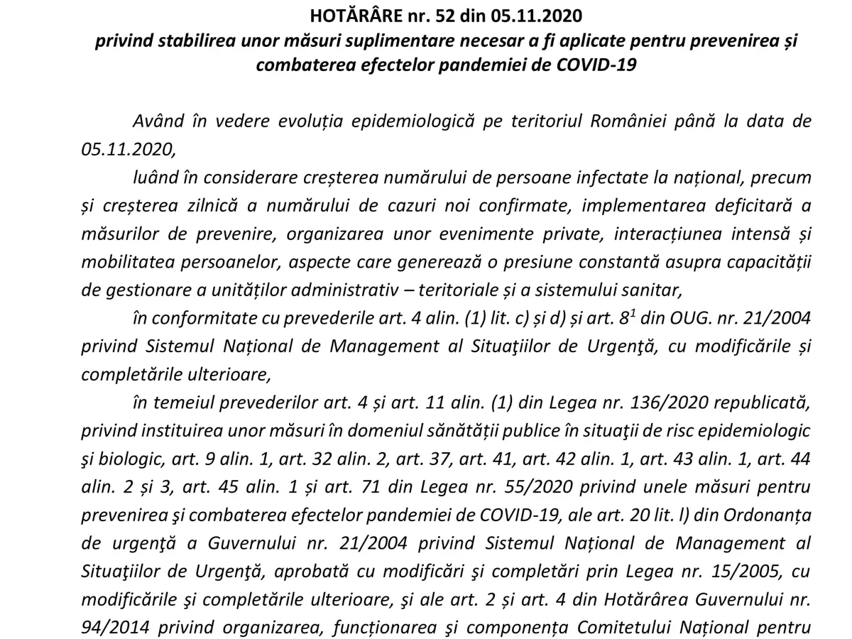 Draftul hotărârii care va intra în vigoare luni, 9 noiembrie. Sursa: GCS