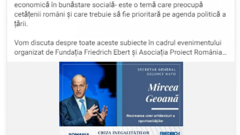 Reclamă de pe „Proiectul România 2030”, în care apare Mircea Geoană, plătită de Sociallite Media Solutions screeshot