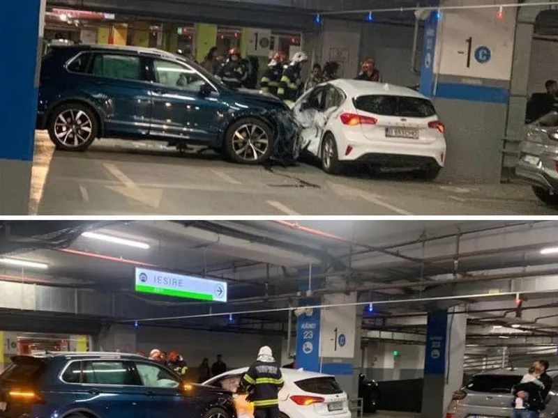 FOTO Două mașini s-au lovit violent în parcarea mall-ului AFI Cotroceni. Alte trei au fost avariate / news.ro