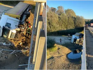 Accident grav în Vâlcea, pe DN 7: Un TIR încărcat cu gresie a căzut de pe un pod - Foto: ISU Vâlcea