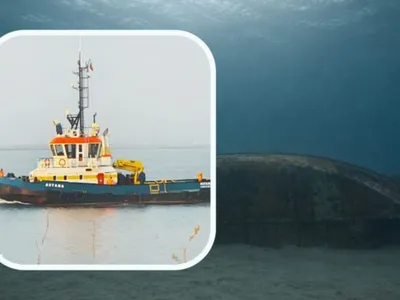 Remorcherul Astana, înainte şi după scufundare - Foto: constanta.info
