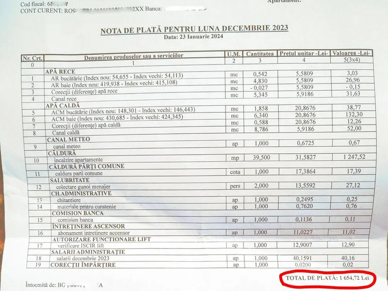 Factură de întreținere șoc, pentru un apartament de 2 camere: 1.654 lei - căldură și 8 m3 apă caldă - Foto: stiridecluj.ro