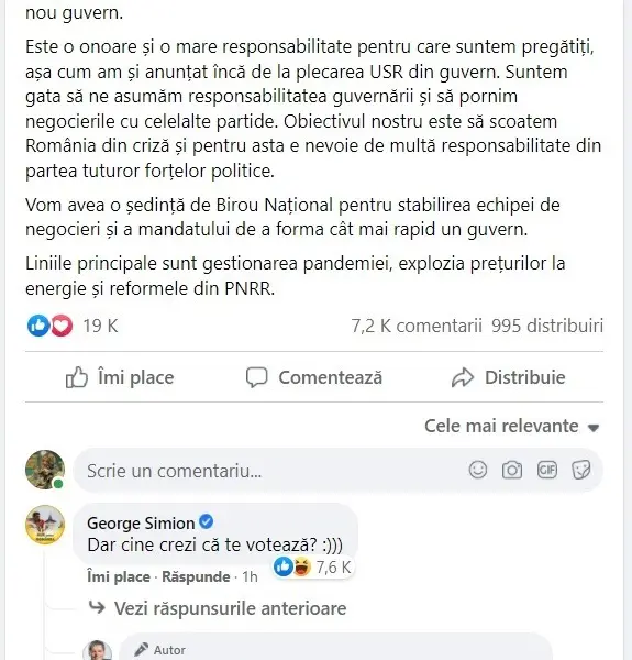 Simion se ia de Cioloș pe Facebook: „Cine crezi că te votează”/foto: facebook