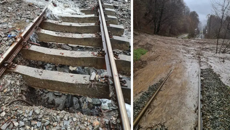 Calea ferată s-a surpat din cauza ploilor abundente/FOTO: IPJ Vâlcea