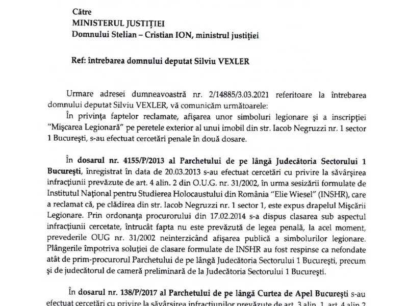 Răspunsul primit de Silviu Vexler de la Parchetul General. Sursă: Facebook