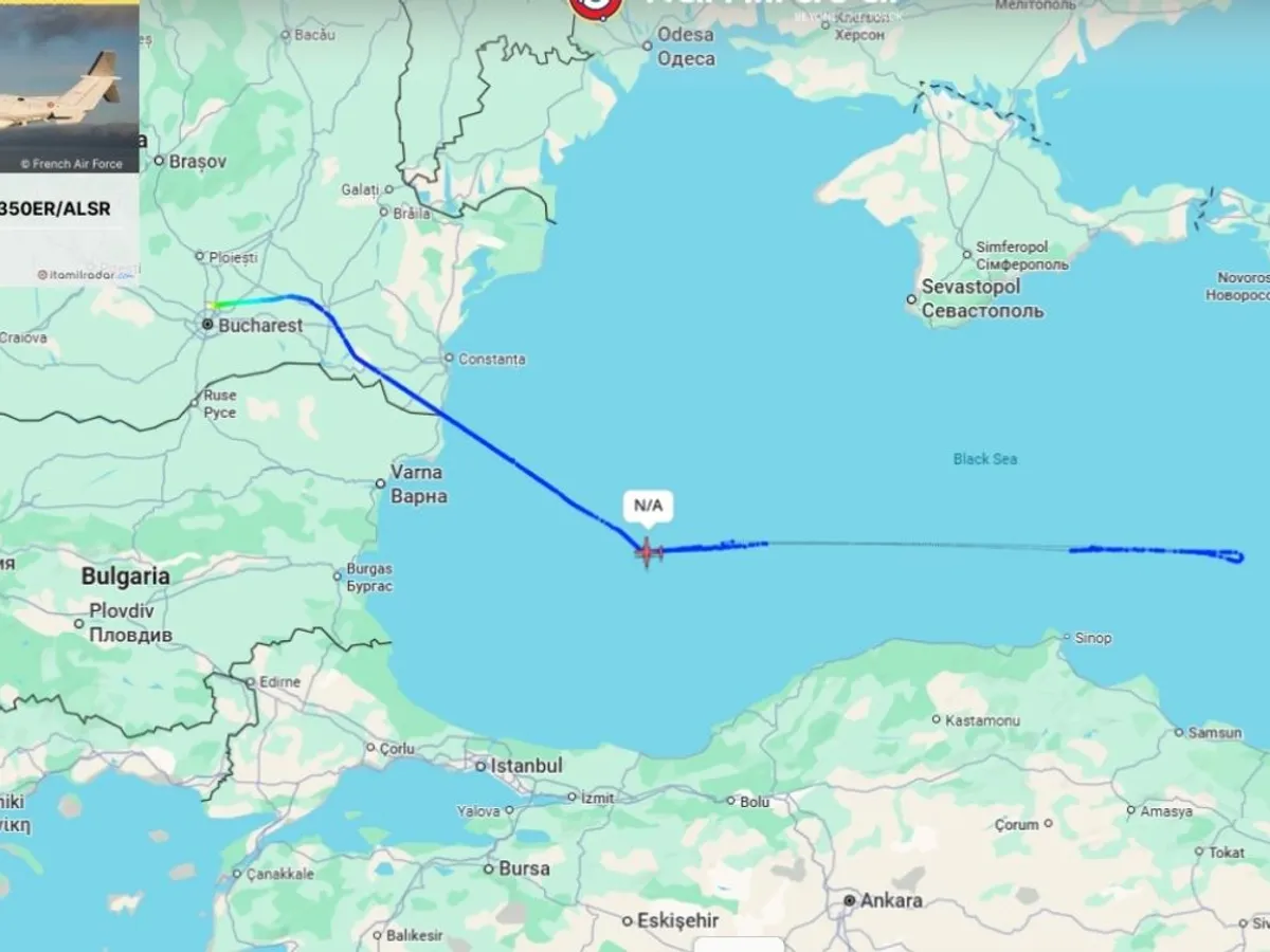 Ruta parcursă de avionul Beech King al Franței în Marea Neagră - Foto: ItaMilRadar