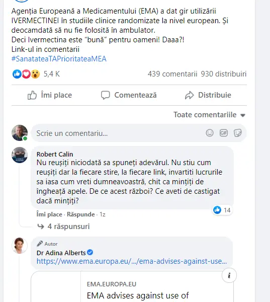 Adina Alberts recomandă ivermectina cu un link care o interzice pentru tratarea COVID