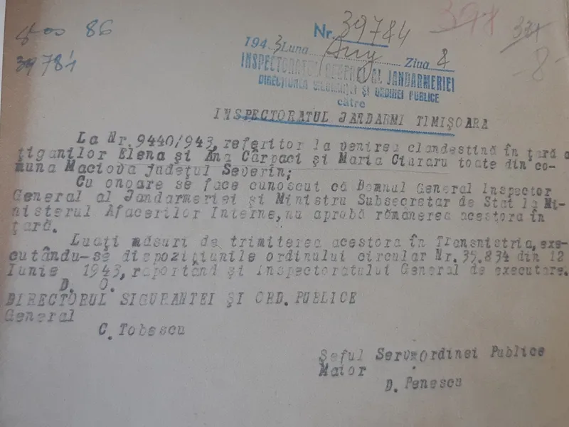 Ordin al Jandarmeriei din 1943, în care se precizează că mai mulți români de etnie romă vor fi trimiși în Transnistria.