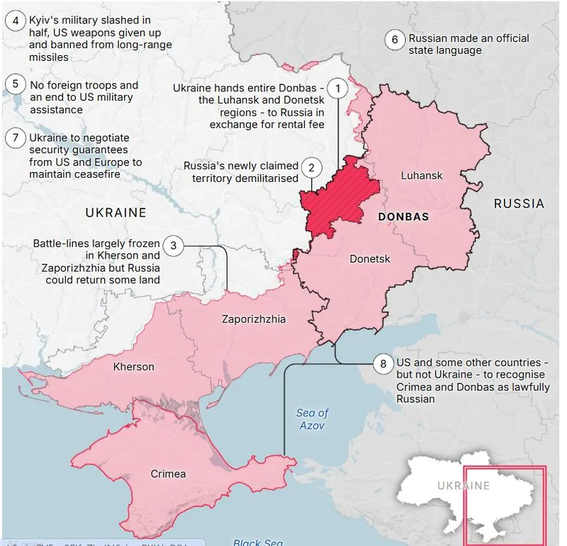 Harta planului SUA-Rusia pentru oprirea războiului în Ucraina - Foto: Daily Mail