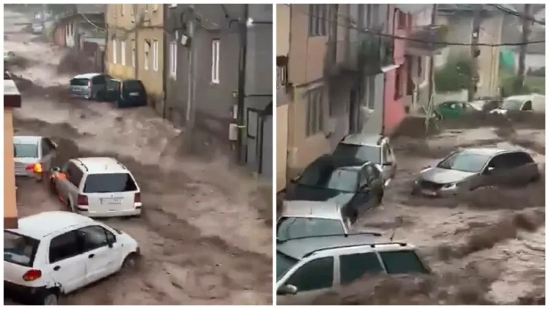 Inundații puternice la Reșița: Oamenii s-au baricadat în case, mai multe mașini au fost luate de ape - Foto: Colaj