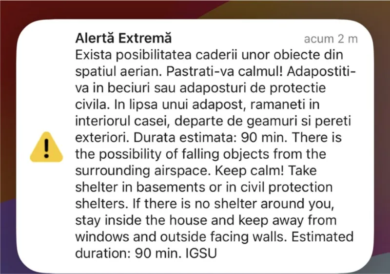 Mesaj Ro-Alert la Iași - Foto: captură mesaj IGSU