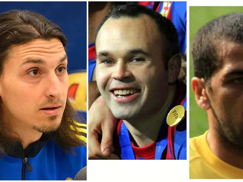 Zlatan Ibrahimovic, Andres Iniesta şi Dani Alves - montaj foto Newsweek: Wikimedia/Frankie Fouganthin/CC BY-SA 3.0, Christopher Johnson/CC BY-SA 2.0, Ronnie Macdonald/CC BY 2.0