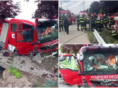 Pompieri răniți după ce s-au răsturnat cu autospeciala în urma unui accident. Se aflau în misiune - Foto: ISU Timis