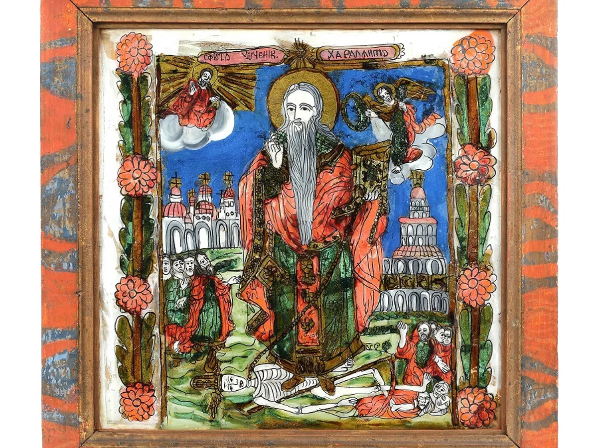 Icoană pe glajă, ”Sfântul Haralambie legând ciuma”, a doua jumătate a sec. XIX, provine din colecția artistei Cecilia Cuțescu-Storck, piesă foarte rară, de colecție