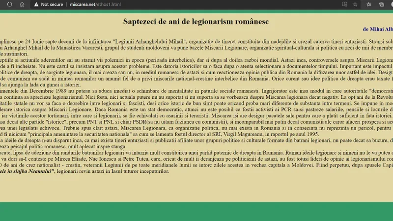 Articolul publicat de Albișteanu pe site-ul Mișcării Legionare