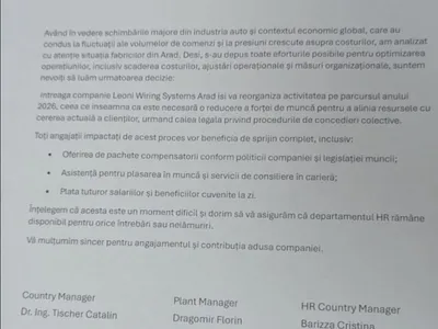 Mesajul primit de angajații Leoni Arad - Foto: Facebook