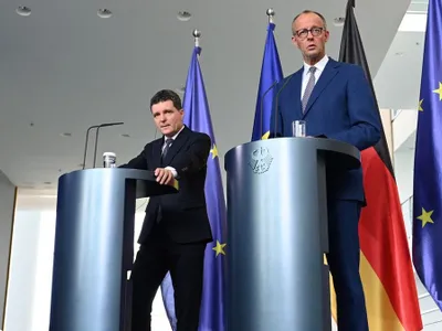 Friedrich Merz și Nicușor Dan, în conferință de presă, la Cancelaria Federală din Berlin - Foto: Profimedia Images
