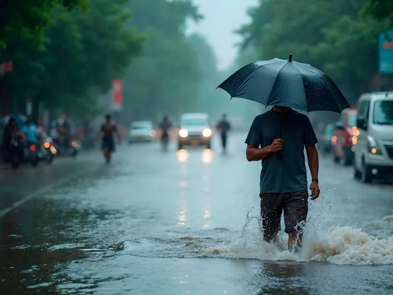 Bărbat mergând pe carosabilul inundat, cu umbrelă - Foto: Freepik/CC0 (Imagine cu caracter ilustrativ)