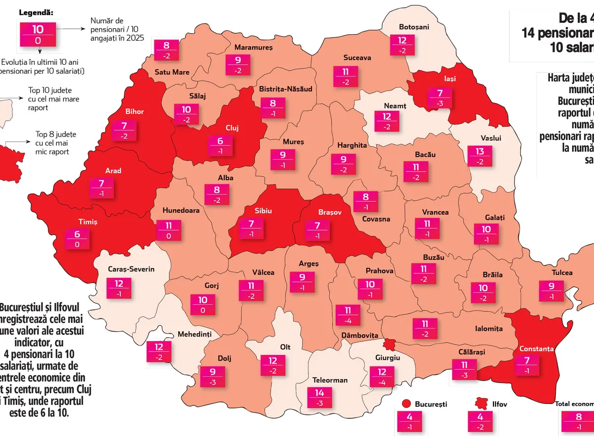 Harta cu numpărul de pensionari Vs angajați - Foto: zf.ro