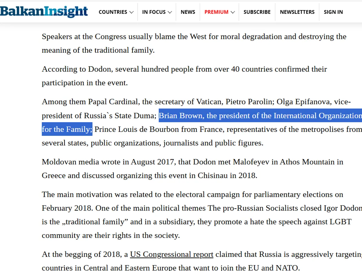 Brian Brown a fost invitatul lui Igor Dodon - Foto: balkaninsight