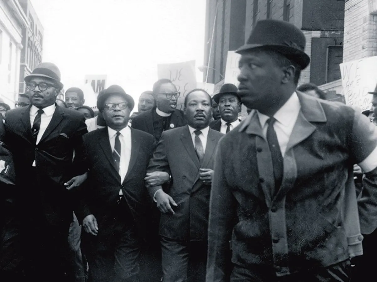 Martin Luther King Jr. la marşul lucrătorilor din salubritate din 
Memphis, pe 28 martie 1968