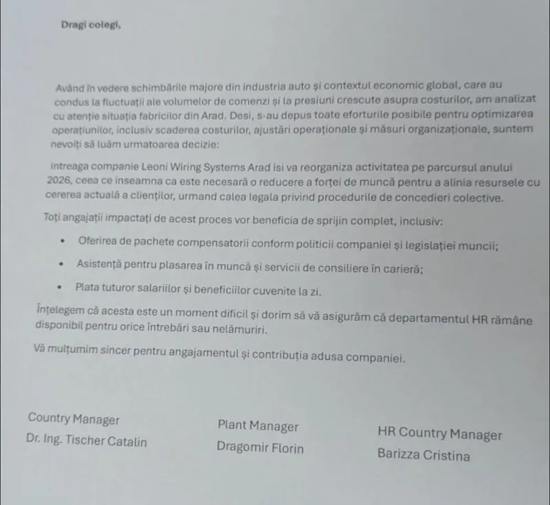Mesajul primit de angajații Leoni Arad - Foto: Facebook