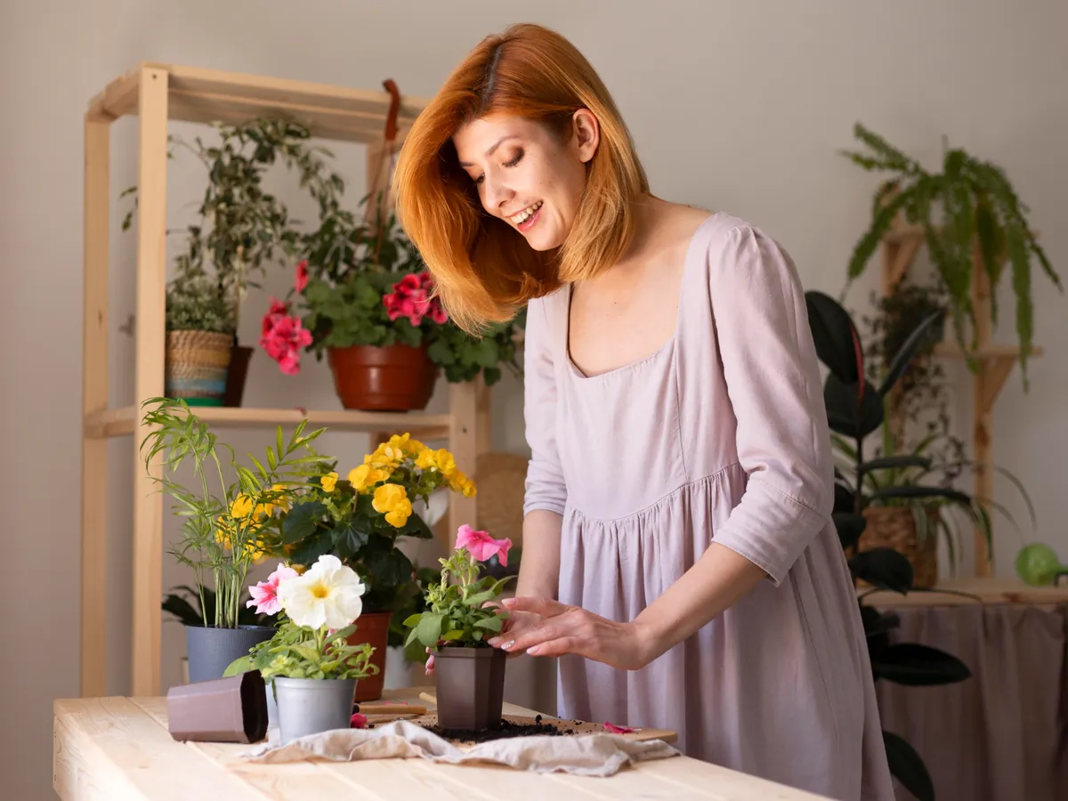 Femeie zâmbitoare îngrijind o plantă - Foto: Magnific.com (Imagine cu rol ilustrativ)