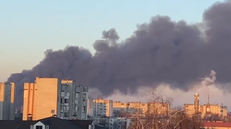 Bombardamente masive și fum văzut ridicându-se din direcția aeroportului din Lviv/FOTO: Twitter
