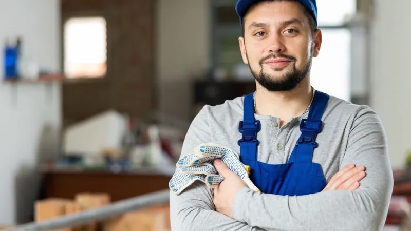 Muncitor constructor german calificat încrezător, în picioare, pe un șantier de construcții - Foto: Profimedia Images