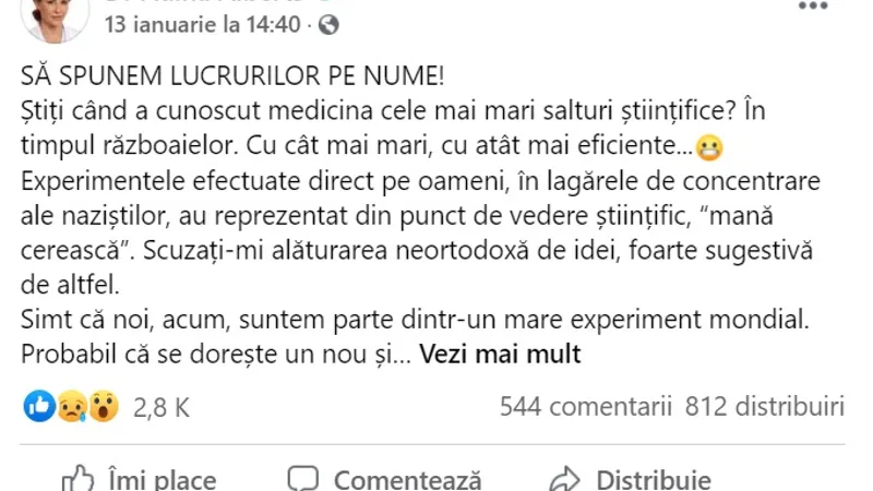 Cel mai recent derapaj al Adinei Alberts de pe Facebook. Scuză experimentele făcute de naziști