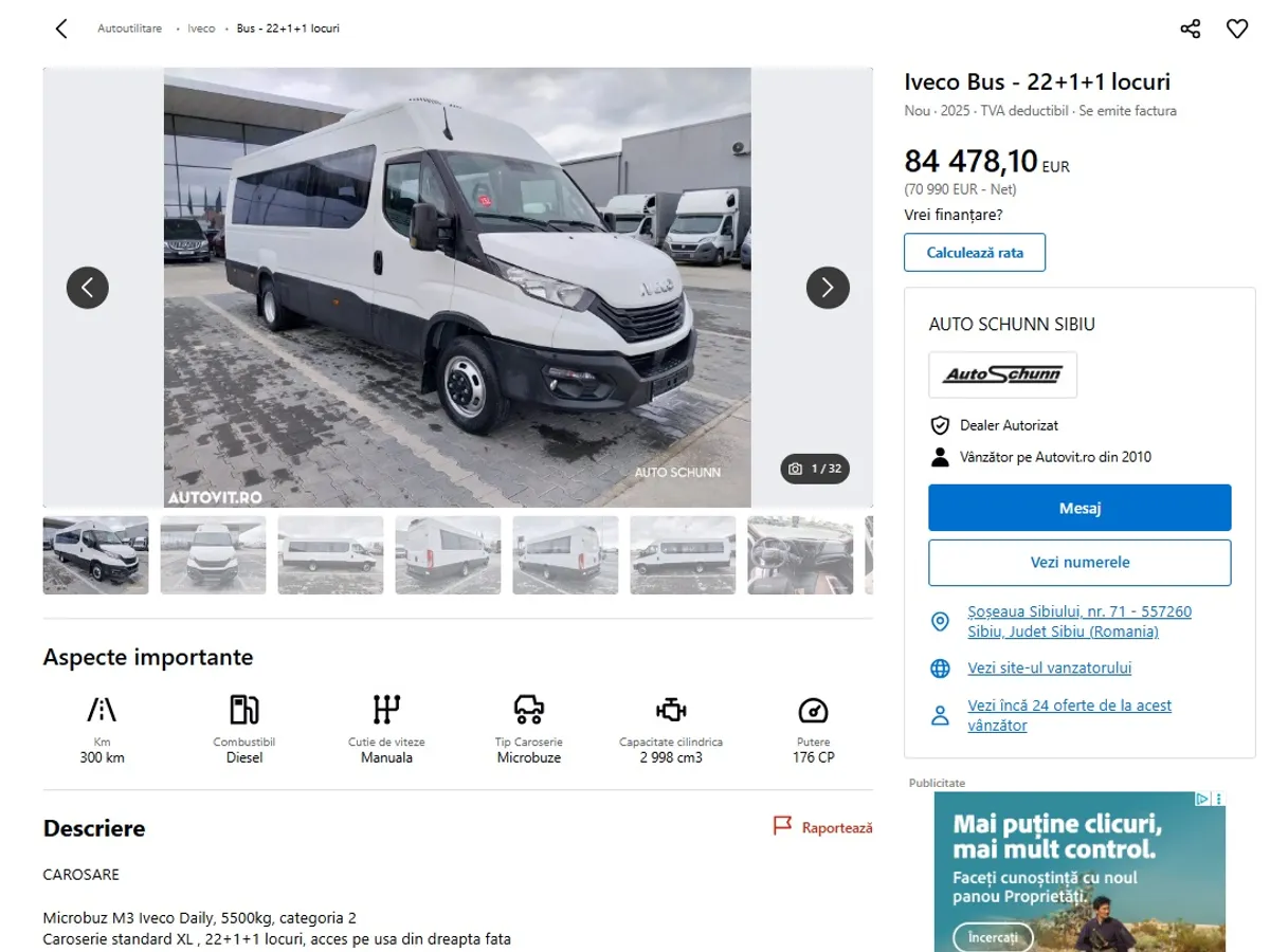 Criză? 35 de microbuze electrice școlare, cumpărate cu circa 200.000 € bucata. Unul diesel, 80.000 € - Foto: captură ecran / autovit.ro