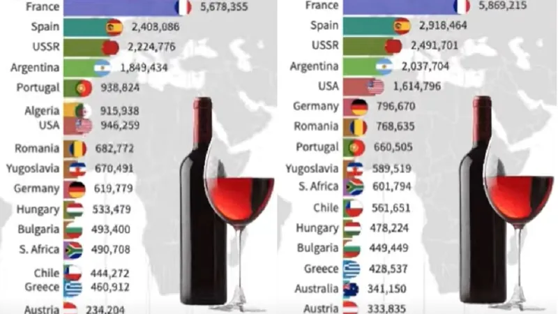 Graficele cu țările producătoare de vinuri din lume Foto: captură World of Statistics/Youtube