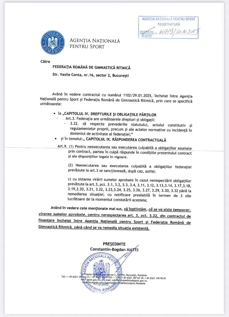 Agenția Națională pentru Sport a tăiat temporar finanțarea FRGR