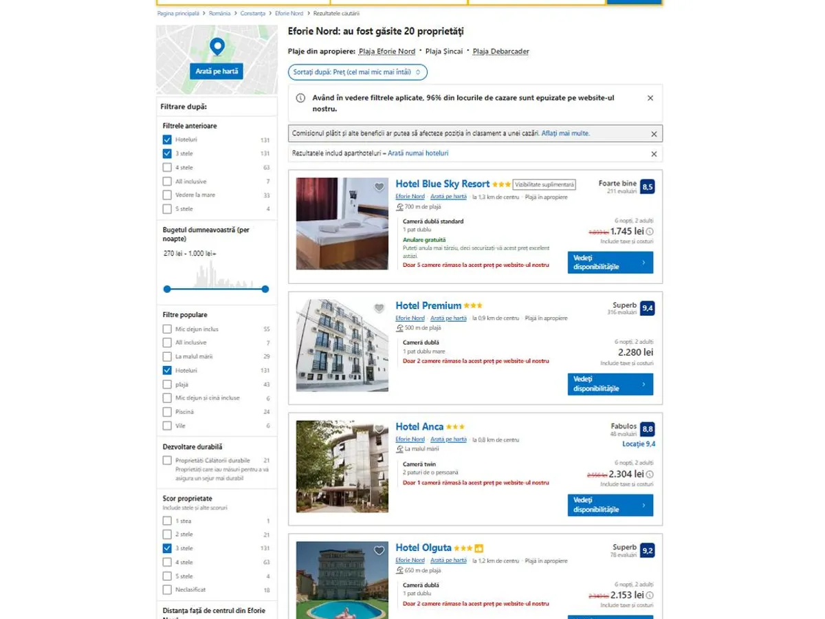 Hotelierii de pe Litoral au „înghețat” prețurile. Nu au turiști, gradul de ocupare e sub 70% - Foto: captură ecran booking.com
