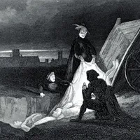 Gravură   de J. Franklin (circa 1665).   Cadavre descărcate într-o groapă comună din Londra, în timpul  Marii Ciume