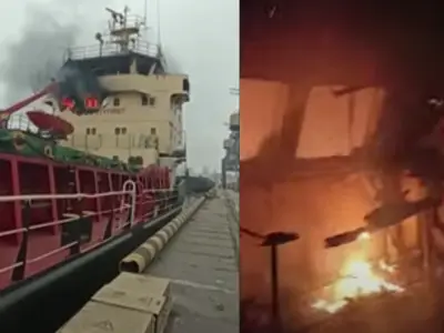 Rusia a bombardat două nave turcești ancorate în port la Herson. Una din nave a luat foc - FOTO: Captura YouTube