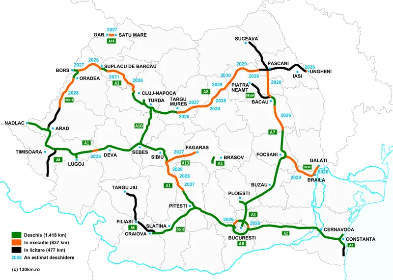 Harta autostrazilor si drumurilor expres deschise, aflate in lucru sau in licitare la finalul anului 2025 - Foto: 130km.ro