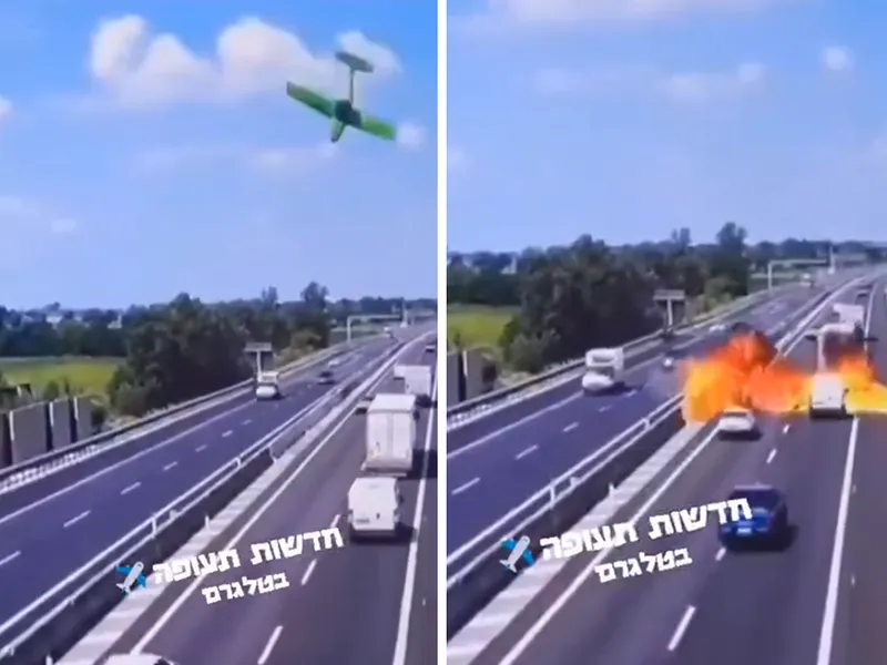 Momentul șocant în care un avion se prăbușește și explodează pe o autostrada din Italia - Foto: X/ @AsafGivoli - Captura foto