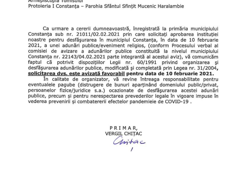 Acordul Primăriei Constața pentru cele trei zile de sărbătoare religioasă, publicat pe Facebook de Arhiepsicopia Tomisului